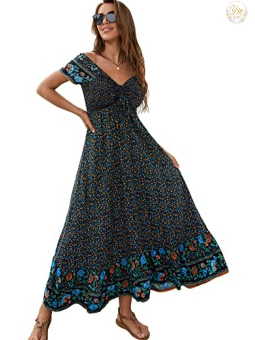 Rayon Floral Smocked Maxi Dress Off Shoulder Short Sleeve Boho Beach